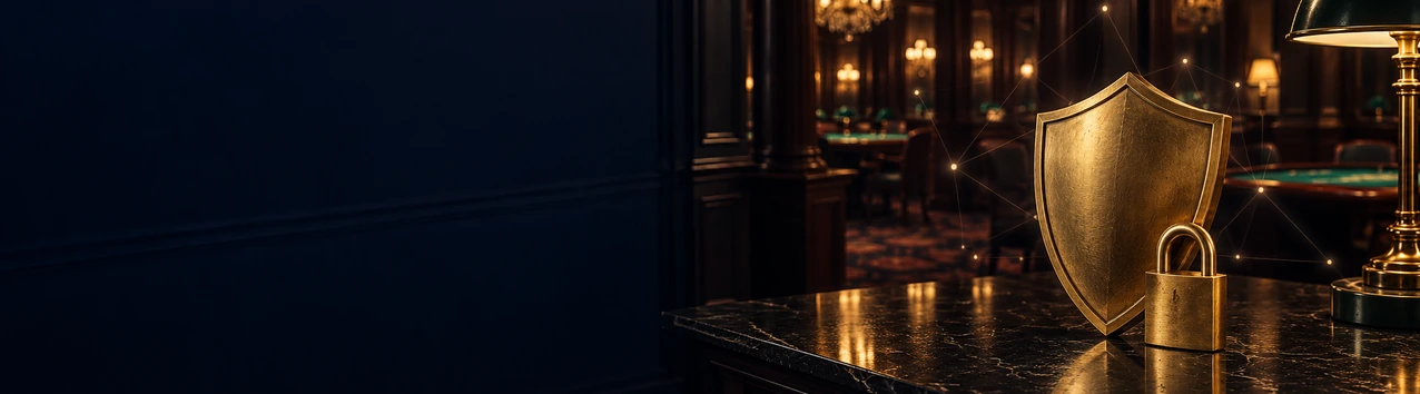 Brass shield and padlock with a faint network pattern behind